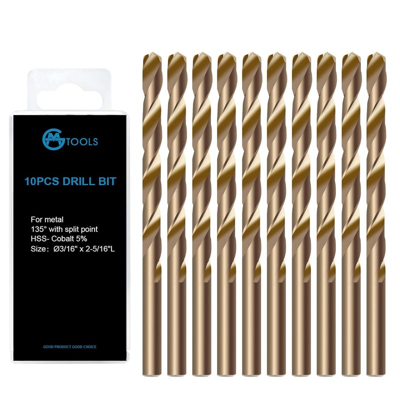 GMTOOLS 3/16 inch Cobalt Drill Bits, M35 HSS, 135 Degree Tip, Jobber Length Twist Drill Bit Set for Hard Metal, Stainless Steel, Cast Iron, Wood and Plastic, with Storage Case, Pack of 10 - Image 1